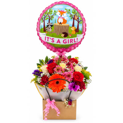 Flower bouquet with a pink "It's a Girl!" balloon and gift bag