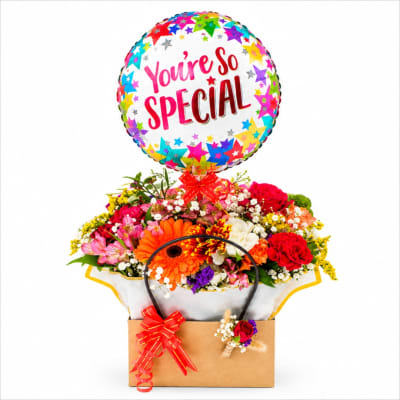 Flower basket with a "You're So Special" balloon and colorful mixed blooms