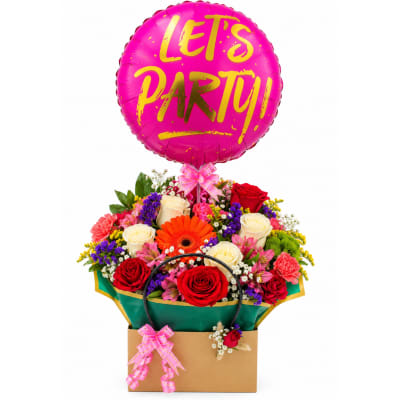 Flower basket with roses and a pink "Let's Party" balloon