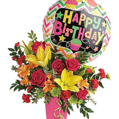 Birthday bouquet with roses, lilies, and a balloon in a pink vase