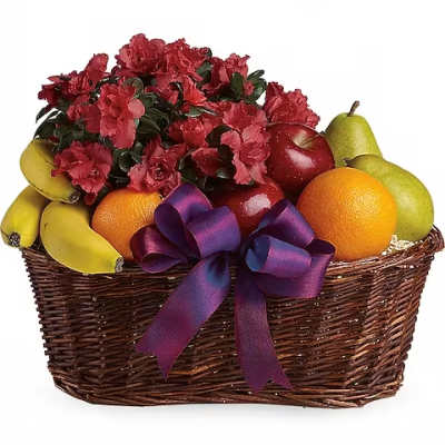 Basket of red flowers with assorted fruit and a purple ribbon