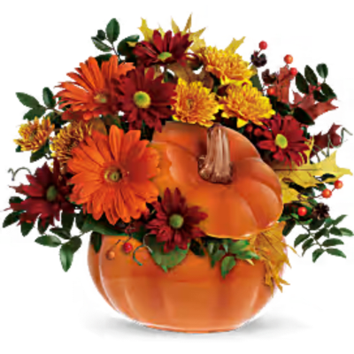 Orange pumpkin filled with orange, red, and yellow flowers