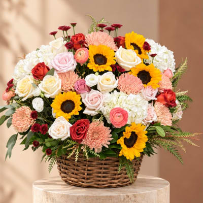 Mixed bouquet in a wicker basket with roses, sunflowers, and chrysanthemums