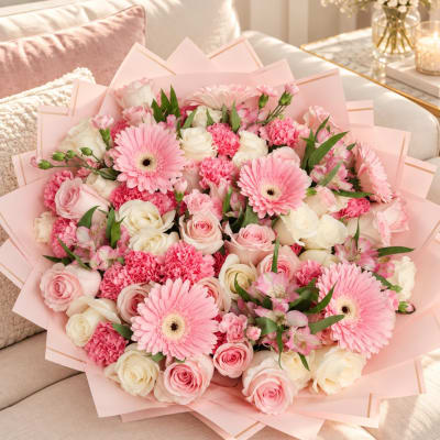 Large pink and white bouquet with roses and gerbera daisies