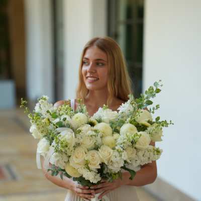 Woman holding a large white bridal bouquet with roses and round blooms