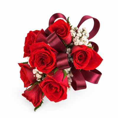 Red rose bouquet with burgundy ribbon and small white filler flowers