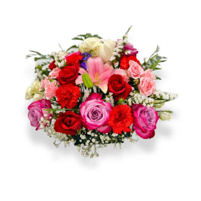 Mixed bouquet of roses, lilies, and carnations in pink, red, and white