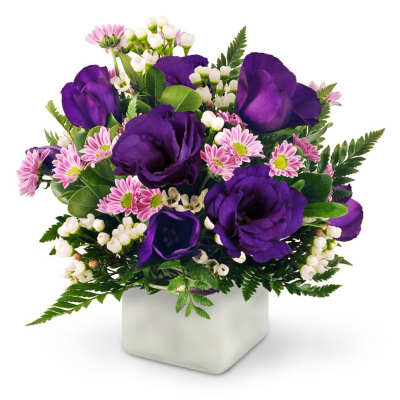 Purple roses and pink daisies in a white square vase