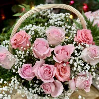 Basket of pink roses with white baby's breath