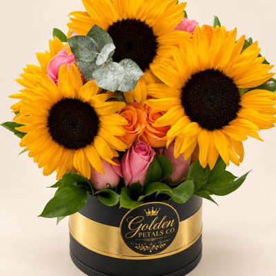 Sunflowers and pink roses arranged in a black round box with a gold band