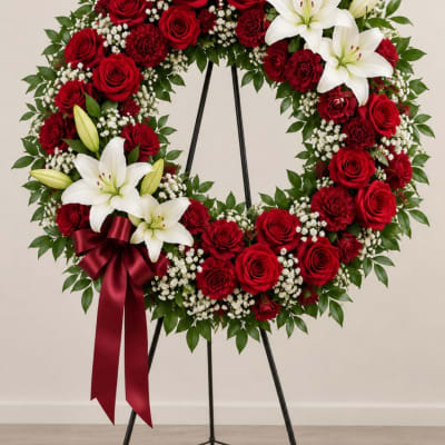 Red rose and white lily wreath on a stand with a burgundy ribbon
