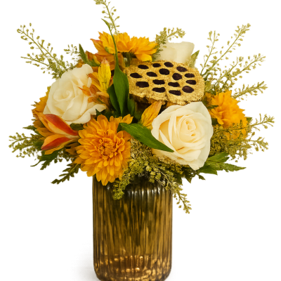 Yellow and white floral arrangement in a ribbed glass vase