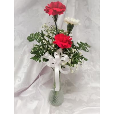 Red and white carnations in a glass vase with a white ribbon