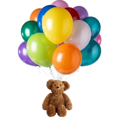 Teddy bear holding a bunch of colorful balloons