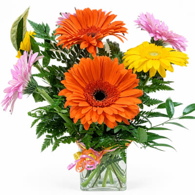 Bouquet of orange, yellow, and pink gerbera daisies in a glass vase