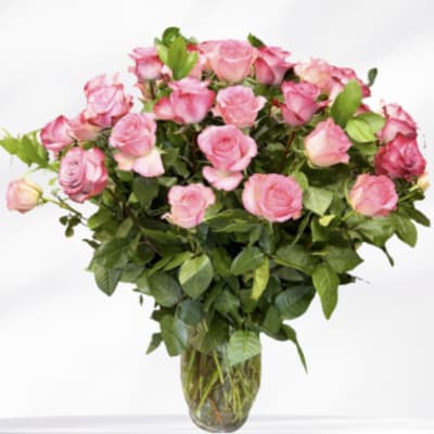 Pink roses arranged in a clear glass vase