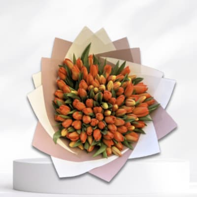 Orange tulip bouquet wrapped in layered pastel paper