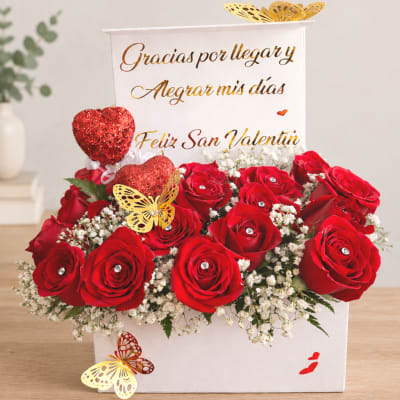 Red roses in a white gift box with butterfly decorations and Spanish text