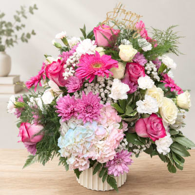Pink Rose and Hydrangea Birthday Bouquet