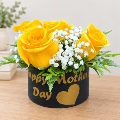 Yellow Rose and Baby's Breath Bouquet in Black Box