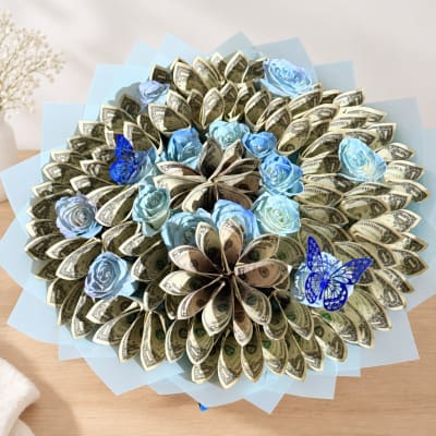 Bouquet made of folded dollar bills with blue paper roses and butterfly accents