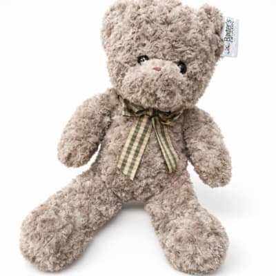 Plush teddy bear with a plaid ribbon bow on a white background