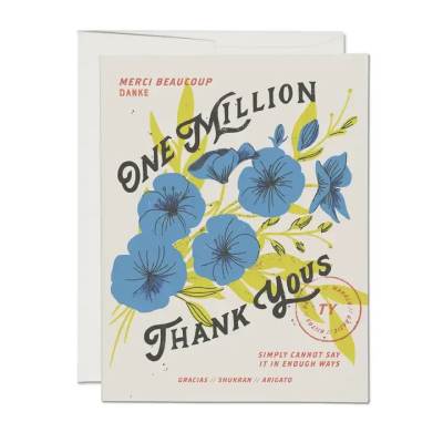 Thank-you greeting card with blue flowers and bold text