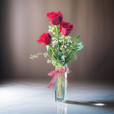 Three red roses in a clear glass vase with a pink ribbon