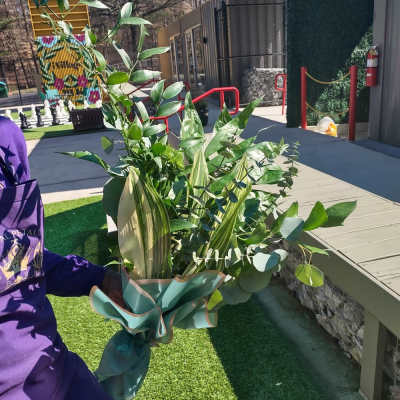 Tall bouquet of assorted green foliage wrapped in teal paper
