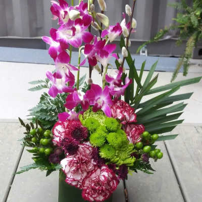 Tall orchid and carnation arrangement in a dark green container
