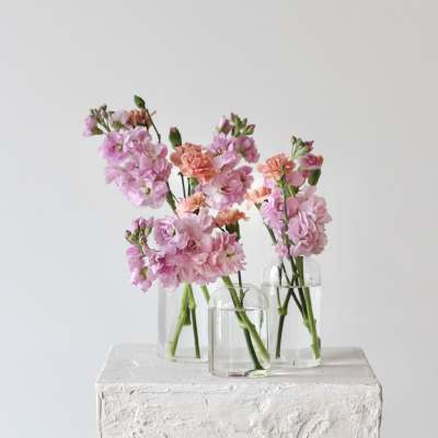 Pink and peach flowers arranged in three clear glass vases
