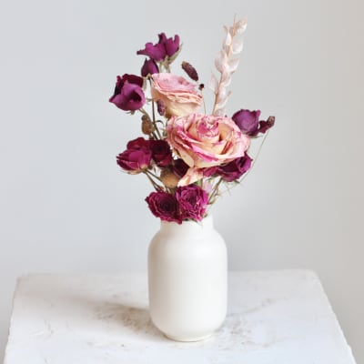 Pink and burgundy dried roses in a white vase