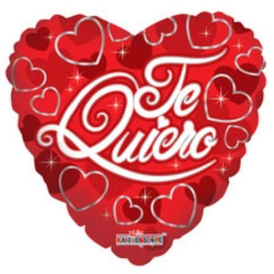 Heart-shaped red balloon with white script text and scattered heart motifs