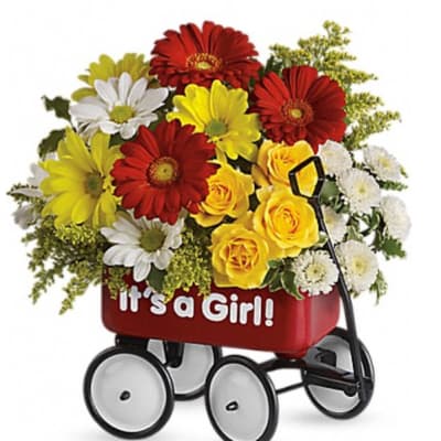 Flower arrangement in a red baby carriage with "It's a Girl!" text