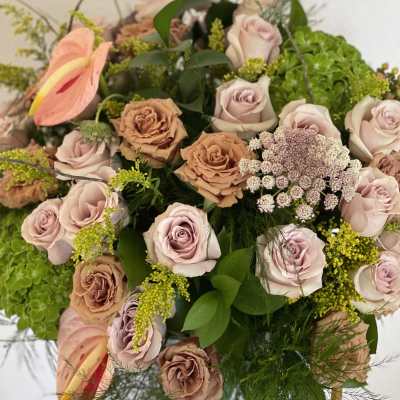 Bouquet of blush and tan roses with pink anthuriums and green filler