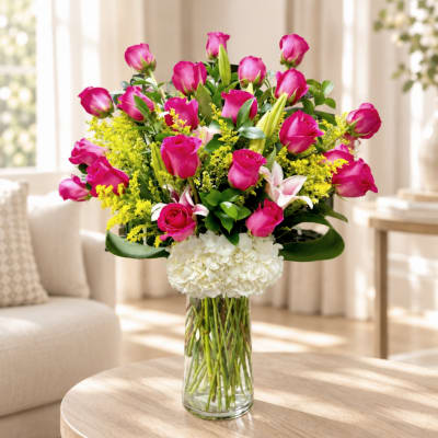 Pink roses and white lilies in a clear glass vase with white hydrangea