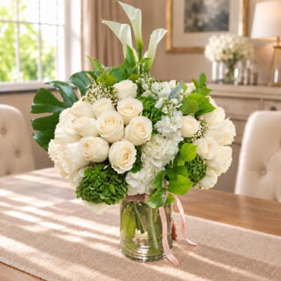 White rose bouquet in a clear glass vase on a table