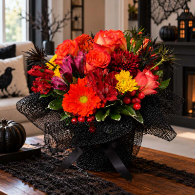 Bright mixed bouquet in a black mesh wrap with orange, red, and yellow flowers