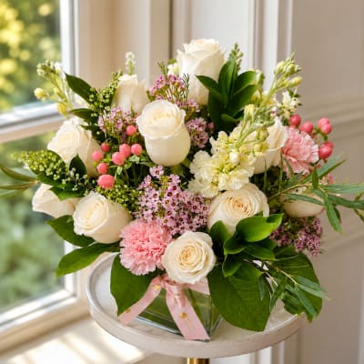 Bouquet of white roses and pink flowers in a clear glass vase