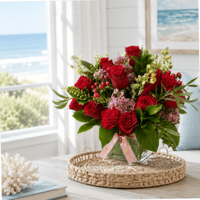 Red rose bouquet in a clear glass vase with a pink ribbon
