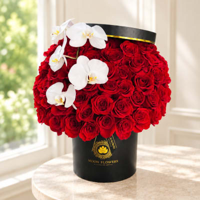 Red roses in a black hatbox with white orchids