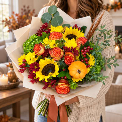 Bouquet of sunflowers, orange roses, and red mums with a pumpkin accent