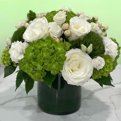 White roses and green hydrangeas arranged in a dark vase