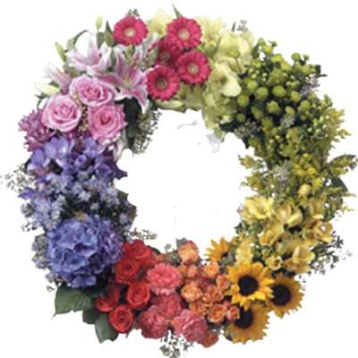 Colorful floral wreath with mixed blooms arranged in a circle