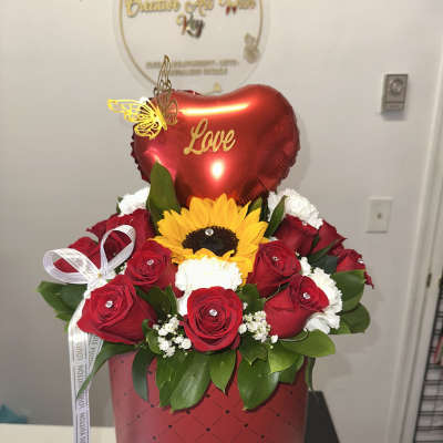 tall box with roses, carnations, sunflower, balloon