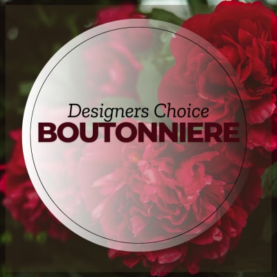 Red boutonniere with layered blooms and text overlay