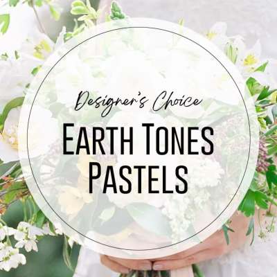 Pastel earth-tone mixed bouquet held by a person, overlaid with Designer's Choice text in a circle