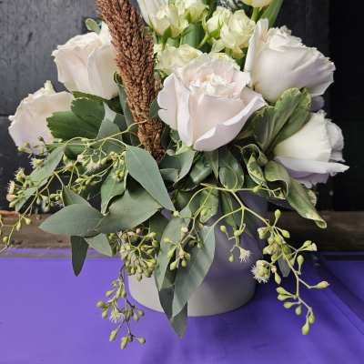 White Elegance: Roses, Tulips & Eucalyptus in Modern Vase