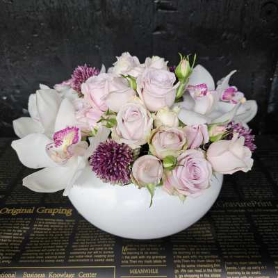 Blush Elegance Floral Arrangement in White Ceramic Bowl