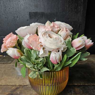 Pastel Perfection: Ranunculus, Tulips & Spray Roses in Gold Vase